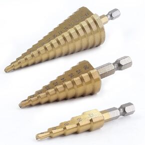 3pcs Metric Step Drill Bits for Metal, Titanium Coated High Speed Steel Spiral Step Drill Bit, Unibit Step Drill Bit for Stainless Steel Aluminum Metal Wood (4mm-12mm, 4mm-20mm, 4mm-32mm)