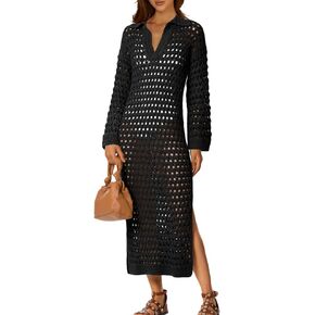 Saodimallsu Womens Crochet Swimsuit Cover Up V Neck Collared Long Sleeve Mesh Knit Split Long Beach Coverup Dress