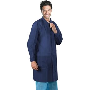 معاطف مختبر AMZ باللون الأزرق الداكن للبالغين، مقاس كبير. 10 عبوات معاطف طبية. 35 GSM PP طلاء معطف المختبر القابل للتصرف. معطف المختبر الطبي بطول الركبة بدون جيب، معصم مرن، قفل حلقي in Kuwait
