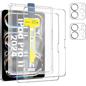 TQLGY 2 Pack Screen Protector for iPad Pro 11-Inch M4 (2024, 5th Generation) with Camera Lens Protector, Auto Dust Removal Installation, Ultra HD Tempered Glass, Compatible with Face ID & Apple Pencil