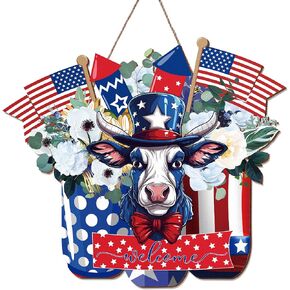Patriotic Door Hanging Cow Decoration - 4th of July Welcome Wooden Sign, Farmhouse Patriotic Highland Cow Front Door Decorations, Memorial Day Wreath Wall Decor American Flag Independence Day Decor