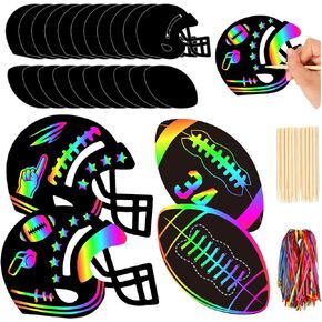 JarThenaAMCS 60Pcs Football Scratch Paper Craft Kits Football Helmet Scratch Cards Ornaments with Ribbon and Wooden Styluses for DIY Crafts Painting Classroom Party Supplies
