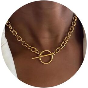 Gold Chunky Necklace for Women 14K Gold Plated Chain T-Bar Clasp Necklaces Statement Toggle Necklace Dainty Gold Necklace Jewelry Gifts
