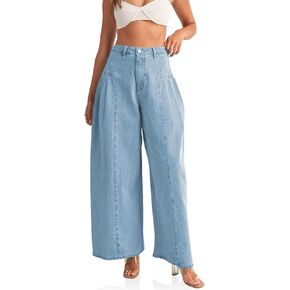 PLNOTME Womens Baggy High Waisted Jeans Loose Boyfriend Wide Leg Side Pleated Denim Pants