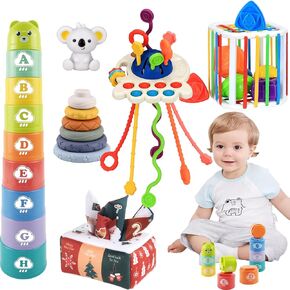 5 in 1 Baby Toys 6 to 18 Months, Montessori Sensory Toys for Babies, Infant Toys Set Includes Shape Sorter, Baby Tissue Box, Pull String Toys, Soft Stacking Rings, Stacking Cups, Gifts for Boys Girls