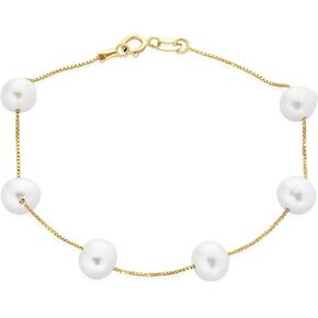 Bridal Tin Cup Pink Black White Freshwater Cultured 7MM Pearl Genuine Gemstone Green Jade Chain Station Pearls Bracelet For Women Wedding Yellow Gold Plated .925 Sterling Silver 7, 7.5, 8 Inch