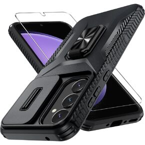 for Samsung Galaxy A35 5G Case with Tempered Glass Screen Protector and Camera Lens Cover,Rotated Ring Stable Kickstand,Heavy Duty Shockproof Protective Phone Cover-Black