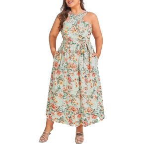 Hanna Nikole Plus Size Floral Dress Women Crossover Halter Neck Maxi Sleeveless Boho Casual Long Flowy Dress with Pockets