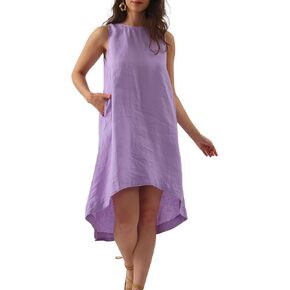 Amazhiyu Women’s 100% Linen High Low Midi Dress with Pockets for Summer Casual Flowy Dresses