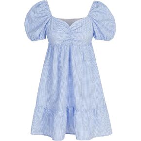 Women's Summer Casual Waist Bubble Sleeve Dress Square Collar A-Line Dress in Kuwait