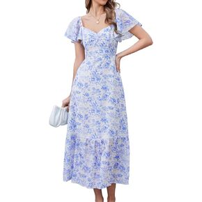 GLNEGE Women's 2024 Summer Short Sleeve Midi Floral Dresses Casual Boho Flowy Beach Dress Smocked Sundresses