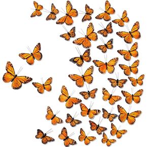 Chuangdi 36 Pcs Monarch Butterfly Decorations 3Size Artificial Feather Butterflies for Bouquet Flower Arrangement DIY Craft 3D Realistic Flying Butterflies for Autumn Home Wall Party Decor (Orange)