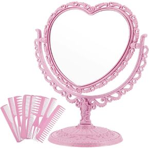 CHENGU Valentine's Day Heart Shaped Mirror and 8 Pieces Hair Styling Combs Cute Makeup Mirror Double Sided Heart Mirror Rotatable Dresser Mirror Vanity Tabletop Mirror for Girls Gift (Pink)