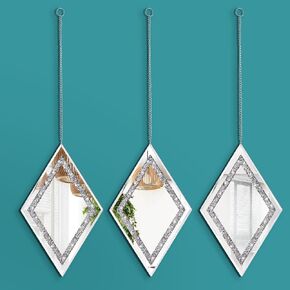 Pibeyer Silver Cross Wall Mirror Set of 3, Decorative Crystal Crush Diamond Mirrors for Bedroom, Living Room & Hallway, Home Decor
