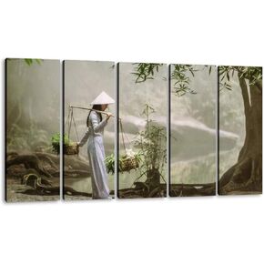 PLWDFPSEJGSLR 5 Panels Art Wall Decor The Vietnamese girl in traditional dress is carrying a basket with Artwork Modern Canvas Prints Office Bedroom Home Framed Painting Ready to Hang (60W*32H inch)