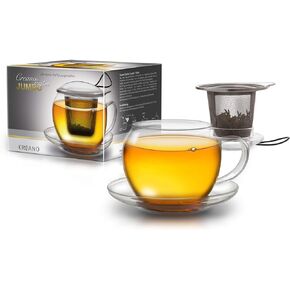 Creano Tea Glass with Infuser and Lid 400ml - Large Tea Cup - Microwave & Dishwasher Safe - Loose Leaf Tea Maker Gift Set