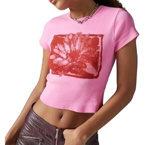 Y2k Baby Tees Women Short Sleeve Graphic Print T- Shirt Summer Slim Crop Top for Teen Girls Aesthetic Clothes
