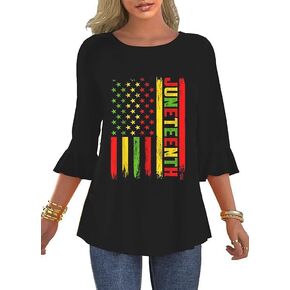 قمصان نسائية من 4th of July بأكمام مكشكشة 3/4 وخطوط نجمة العلم الأمريكي الوطنية
