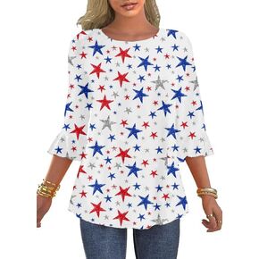 4th of July Women's 3/4 Ruffle Sleeve American Flag Star Stripes Patriotic Shirts