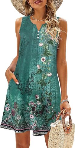 SimpleFun Summer Dresses for Women 2024 Beach Vacation Button up V Neck Sleeveless Sundresses Casual Boho Dress with Pockets in Kuwait