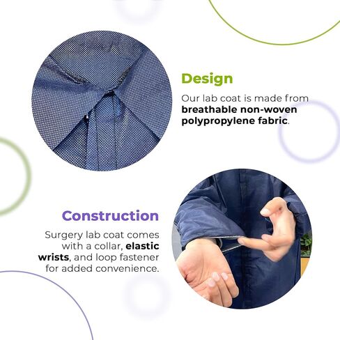 معاطف مختبر AMZ باللون الأزرق الداكن للبالغين، مقاس كبير. 10 عبوات معاطف طبية. 35 GSM PP طلاء معطف المختبر القابل للتصرف. معطف المختبر الطبي بطول الركبة بدون جيب، معصم مرن، قفل حلقي in Kuwait