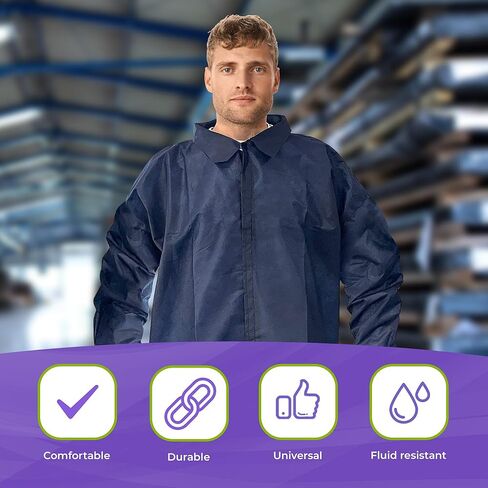 معاطف مختبر AMZ باللون الأزرق الداكن للبالغين، مقاس كبير. 10 عبوات معاطف طبية. 35 GSM PP طلاء معطف المختبر القابل للتصرف. معطف المختبر الطبي بطول الركبة بدون جيب، معصم مرن، قفل حلقي in Kuwait