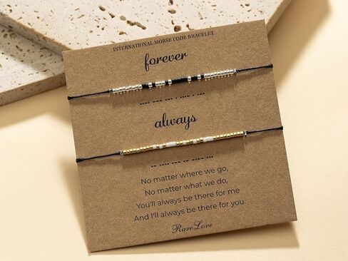 RareLove 2PCS Forever Always Pinky Promise سوار Morse Code مطرز سوار الأزواج أساور له ولها، أساور مطابقة لصداقة الأزواج، حبات صغيرة من بذور المهر الذهبية السوداء in Kuwait