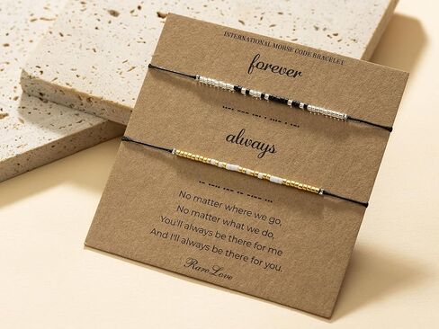 RareLove 2PCS Forever Always Pinky Promise سوار Morse Code مطرز سوار الأزواج أساور له ولها، أساور مطابقة لصداقة الأزواج، حبات صغيرة من بذور المهر الذهبية السوداء in Kuwait