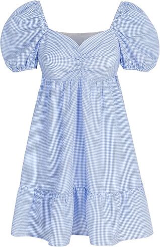 Women's Summer Casual Waist Bubble Sleeve Dress Square Collar A-Line Dress in Kuwait