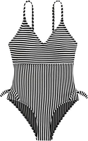 SweatyRocks Girl's Striped One Piece Swimsuit V Neck High Waist Bathing Suit Swimwear in Saudi Arabia