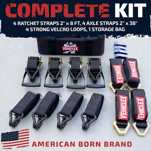 Vehiclex Reinforced Axle Tie Down Straps 2 x 38 Inch, 4 PCS Kit – Carbon Steel D Rings, Heavy-Duty Straps with Extra Protection Sleeve Black in Saudi Arabia
