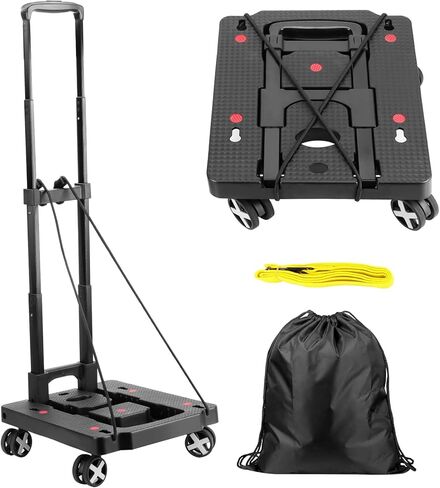 شاحنة يدوية قابلة للطي، عربة أمتعة محمولة بسعة تحميل 110 رطل مع 4 عجلات، وحبال بنجي وحقيبة، شاحنة يدوية قابلة للطي أداة بناء صلبة لنقل الأمتعة والسفر والتسوق in Kuwait