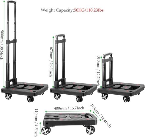 شاحنة يدوية قابلة للطي، عربة أمتعة محمولة بسعة تحميل 110 رطل مع 4 عجلات، وحبال بنجي وحقيبة، شاحنة يدوية قابلة للطي أداة بناء صلبة لنقل الأمتعة والسفر والتسوق in Kuwait