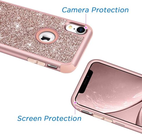 Hython متوافق مع iPhone XR Case، شديد التحمل لكامل الجسم واقٍ لامع لامع وغطاء صلب مدرع هجين مقاوم للصدمات من مطاط السيليكون مقاس 6.1 بوصة، ذهبي وردي in Kuwait