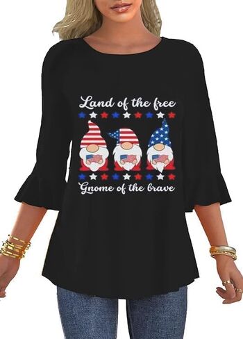 Women's 3/4 Sleeve Ruffle Patriotic American Flag Star Stripes Red White Blue Shirts in Saudi Arabia