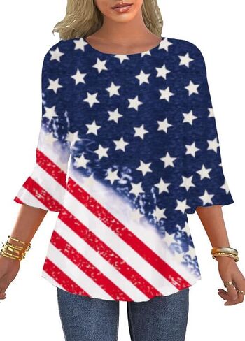 Women's 3/4 Sleeve Ruffle Patriotic American Flag Star Stripes Red White Blue Shirts in Saudi Arabia