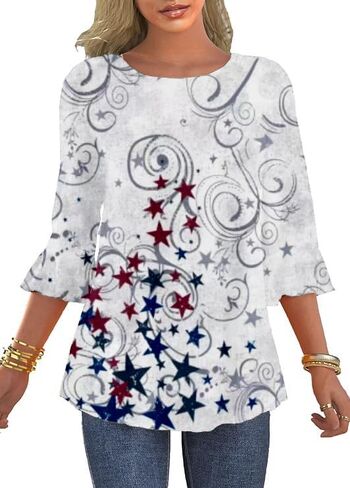 Women's 3/4 Sleeve Ruffle Patriotic American Flag Star Stripes Red White Blue Shirts in Saudi Arabia