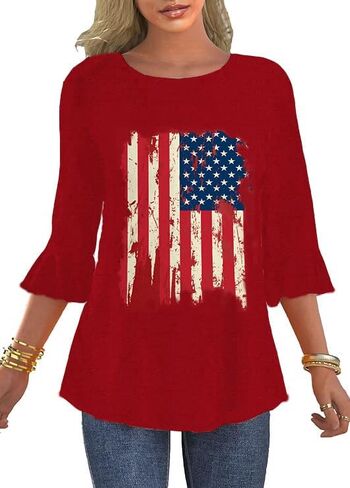 Women's 3/4 Sleeve Ruffle Patriotic American Flag Star Stripes Red White Blue Shirts in Saudi Arabia