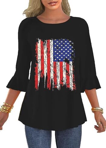 Women's 3/4 Sleeve Ruffle Patriotic American Flag Star Stripes Red White Blue Shirts in Saudi Arabia