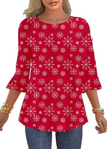 Women's 3/4 Sleeve Ruffle Patriotic American Flag Star Stripes Red White Blue Shirts in Saudi Arabia