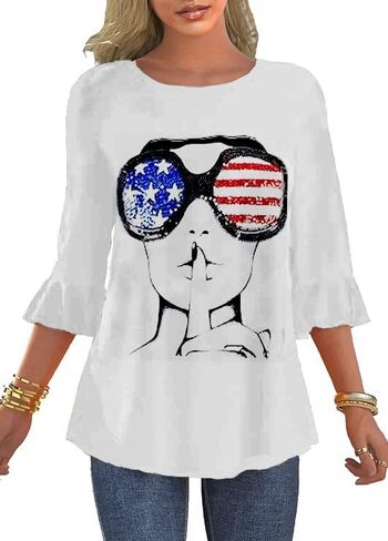 Women's 3/4 Sleeve Ruffle Patriotic American Flag Star Stripes Red White Blue Shirts in Saudi Arabia