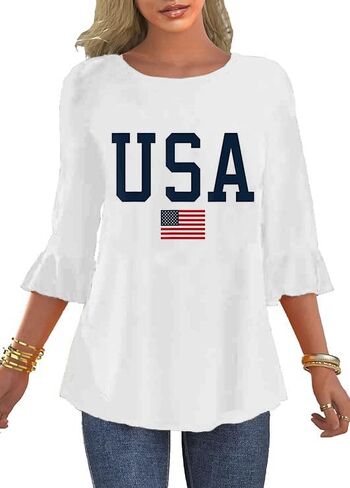 Women's 3/4 Sleeve Ruffle Patriotic American Flag Star Stripes Red White Blue Shirts in Saudi Arabia