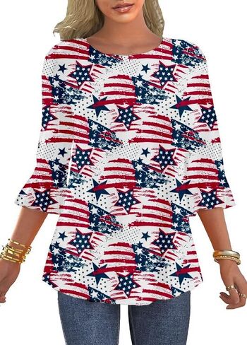 Women's 3/4 Sleeve Ruffle Patriotic American Flag Star Stripes Red White Blue Shirts in Saudi Arabia