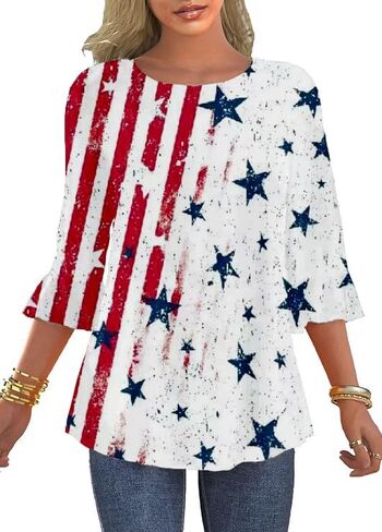Women's 3/4 Sleeve Ruffle Patriotic American Flag Star Stripes Red White Blue Shirts in Saudi Arabia