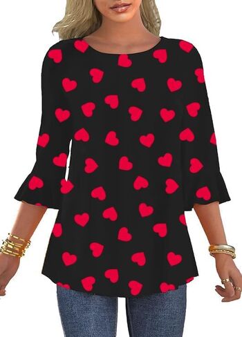 Women's 3/4 Sleeve Ruffle Patriotic American Flag Star Stripes Red White Blue Shirts in Saudi Arabia