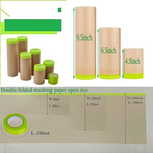 Paint Masking Paper , 6 Pack Tape and Drape Painters Paper, Assorted Size Masking Paper for Painting Car and Auto Body,Floor Protection, Wall Covering(6 rolls of Masking Paper and 3 rolls of Tape) in Saudi Arabia