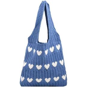 Juoxeepy Crochet Tote Bag Cute Aesthetic Hobo Bag Hearts Pattern Knitted Shoulder Bag Hollow Beach Bag for Women