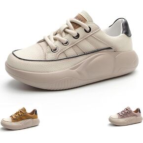 Women's Heightening Chunky Platform Fashion Sneakers Leather Round Toe Lace Up Comfortable Soft Bottom Walking Shoes Breathable Non-Slip Casual Sport Shoes