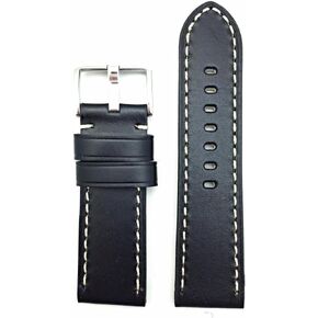 26mm, Black Leather, Panerai Style, Thick White Stitches Watch Band