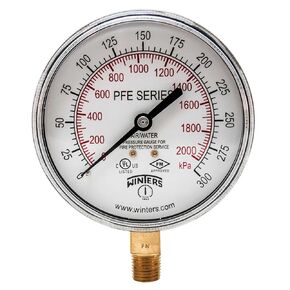 Winters PFE Series Dual Scale Sprinkler Pressure Gauge, 3-1/2" Dial, 0-300 psi/kPa Range, +/-3-2-3% Accuracy, 1/4" Male NPT Bottom Connection, For Air/Water Media
